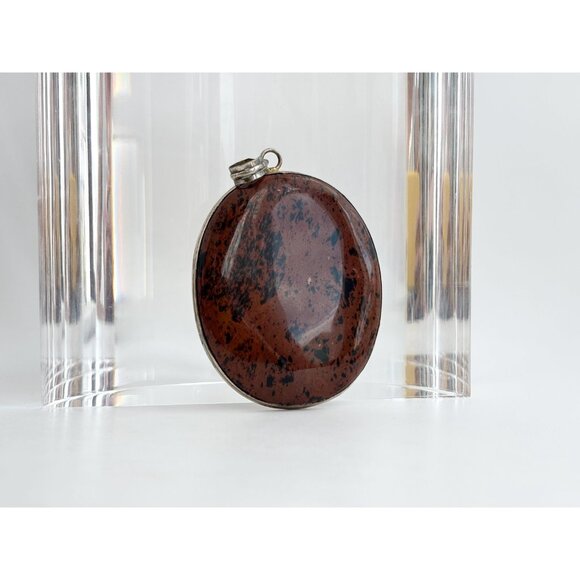 Mahogany Obsidian Oval Crystal Shaped Large Silver Toned Vintage Pendant - Picture 11 of 12